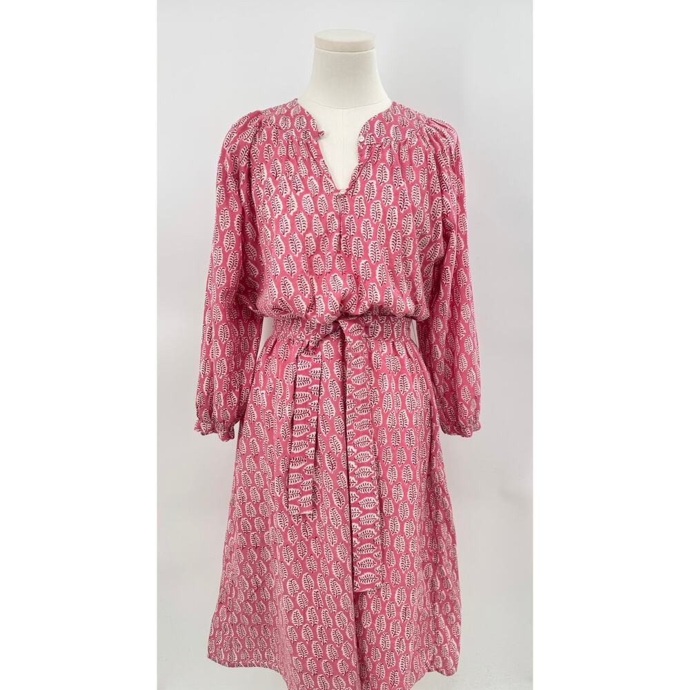 Emerson Fry India Collection Pink Block Print Dress Floral Cotton Midi S/XS